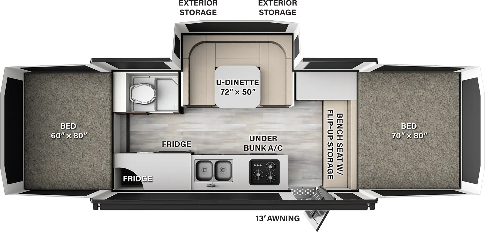 The Flagstaff Tent 27MT features include: one slide out and toilet.